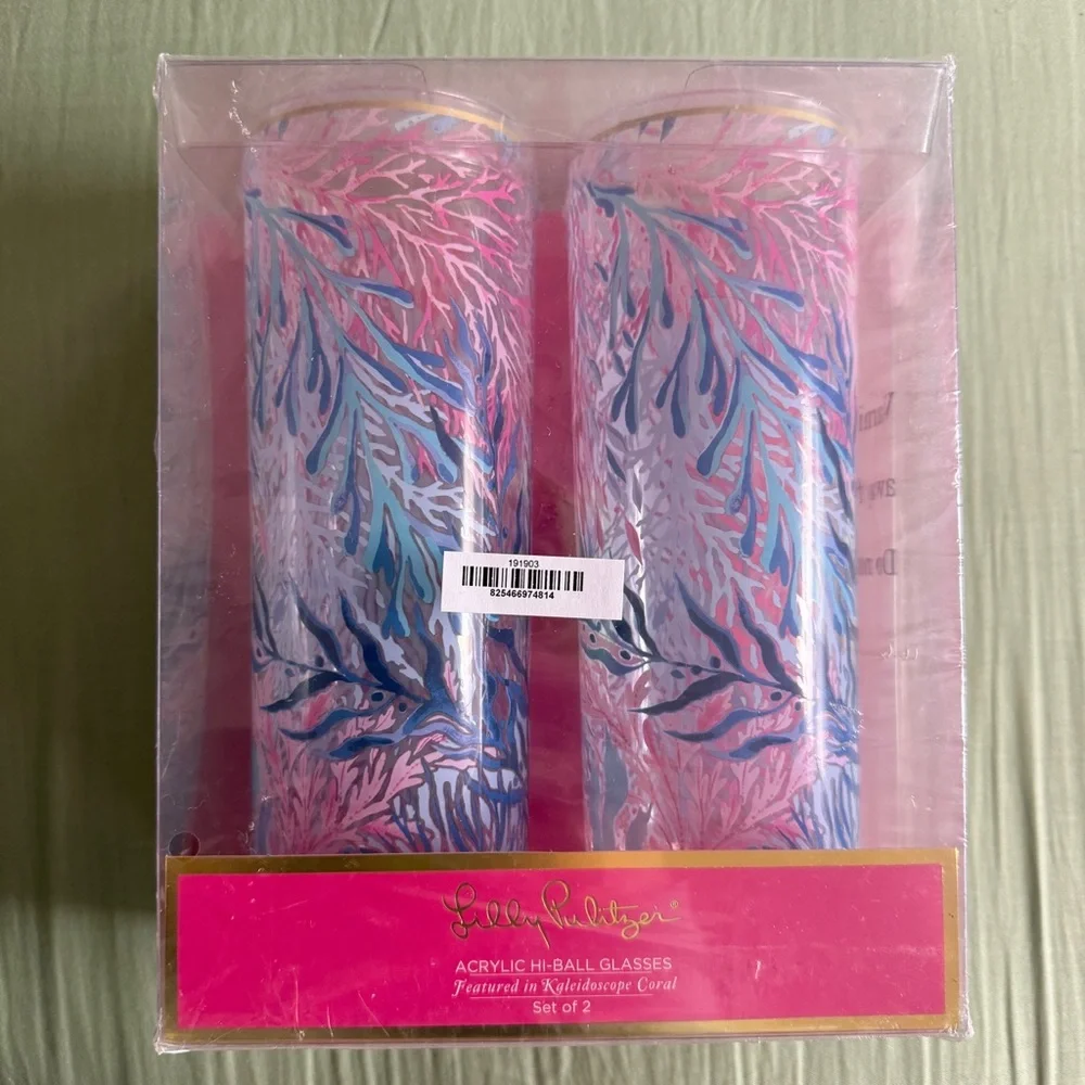 Lilly Pulitzer Kaleidoscope Coral Highball Glasses Acrylic Cup Set
